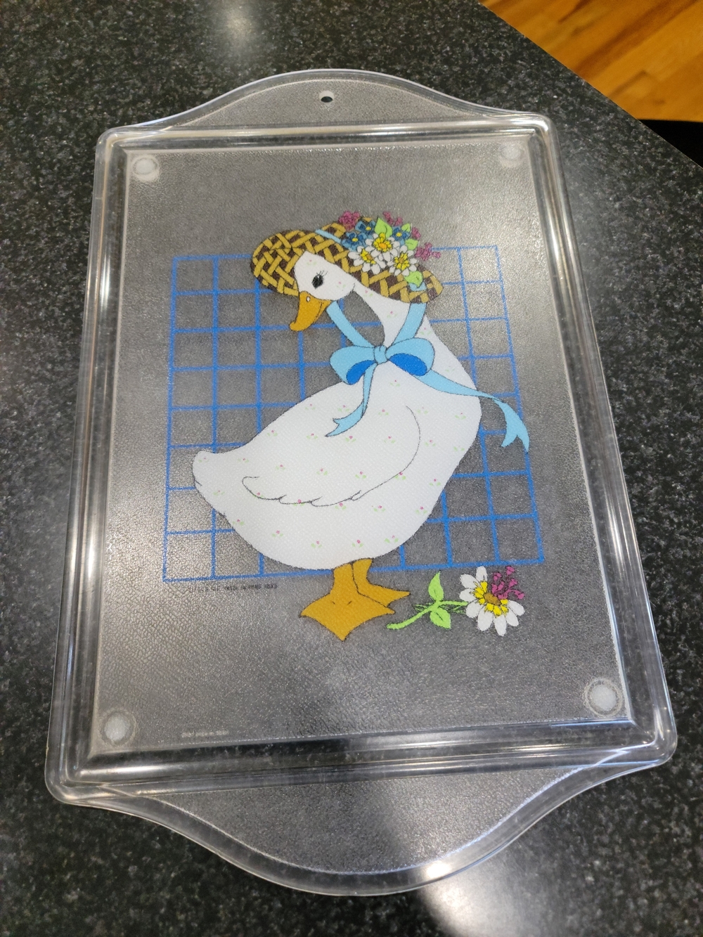 Decorative White Goose Cutting Board with Blue Accents and Yellow Details